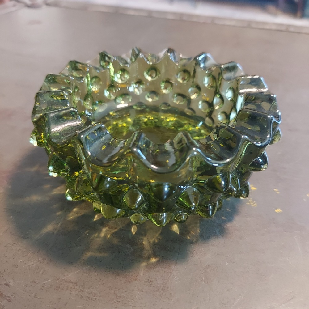 Vintage Olive Green Hobnail Glass Trinket Tray Mid Century Modern Spiked Decor